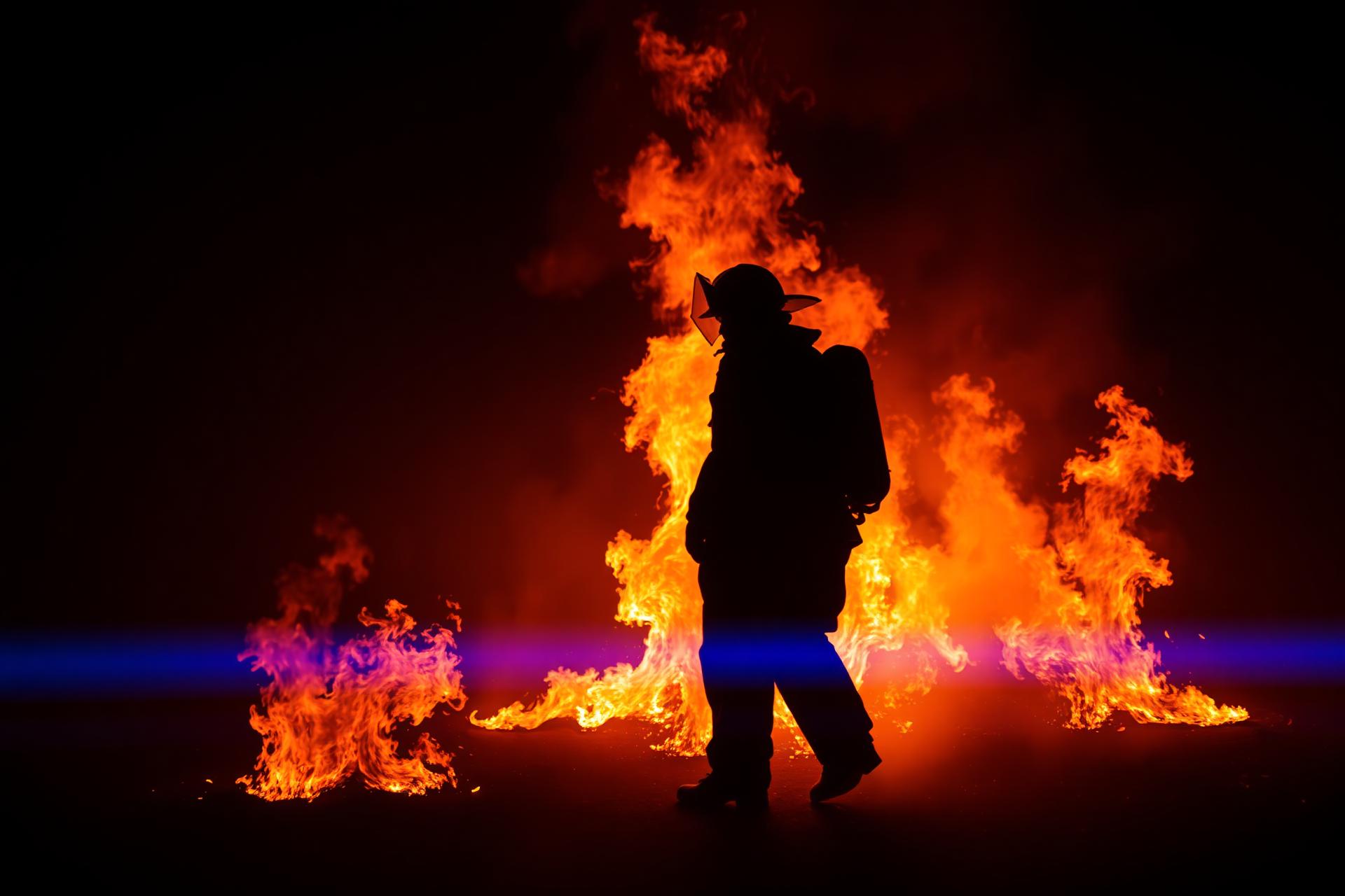 Firefighter silhouetted against intense flames